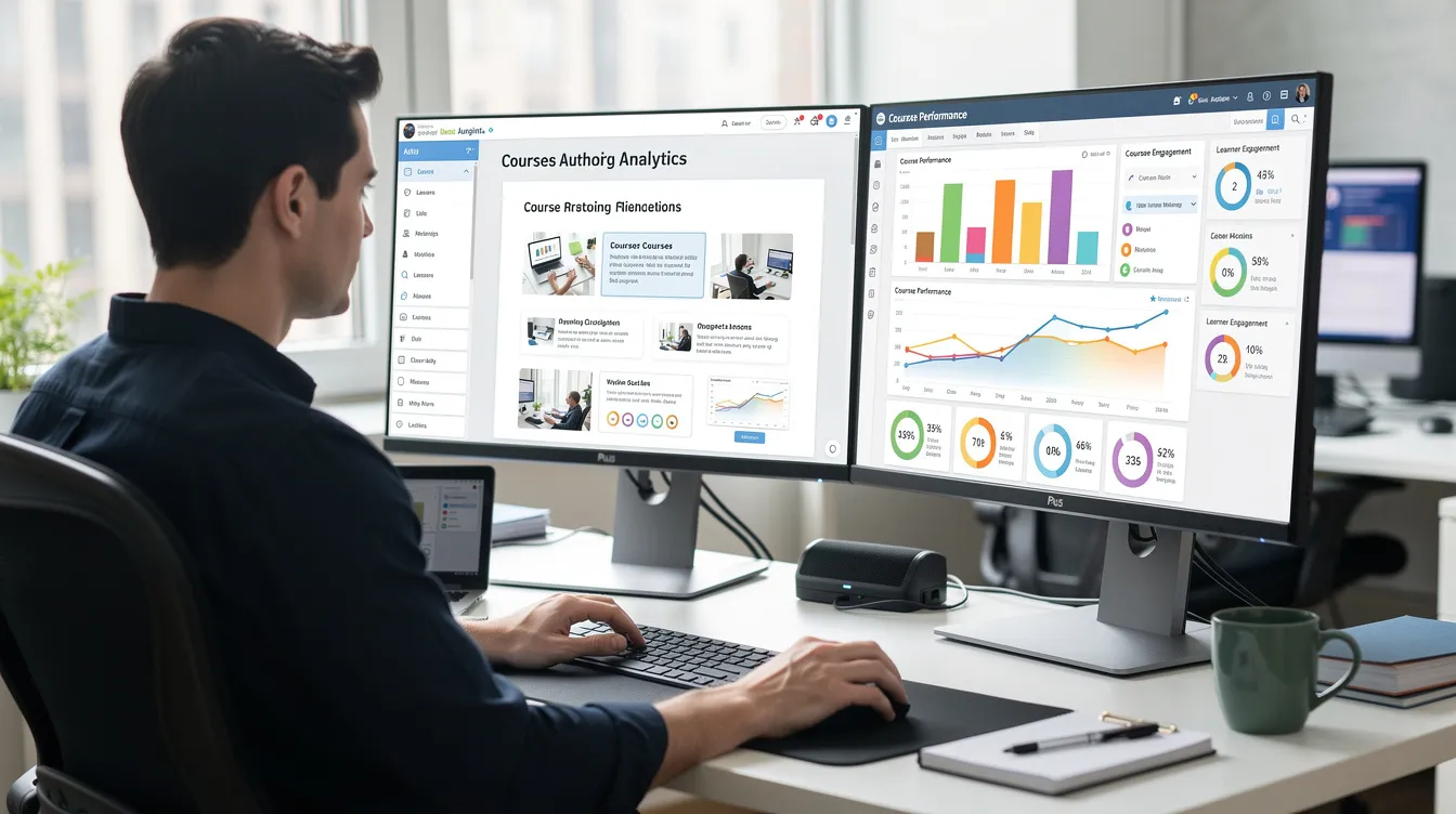 A professional sits at a desk with dual monitors displaying course authoring tools and analytics dashboards, illustrating the efficient creation of custom elearning development solutions. The setup highlights the importance of data in enhancing learner outcomes and adapting training programs for new employees. A professional sits at a desk with dual monitors displaying course authoring tools and analytics dashboards, illustrating the efficient creation of custom elearning development solutions. The setup highlights the importance of data in enhancing learner outcomes and adapting training programs for new employees.