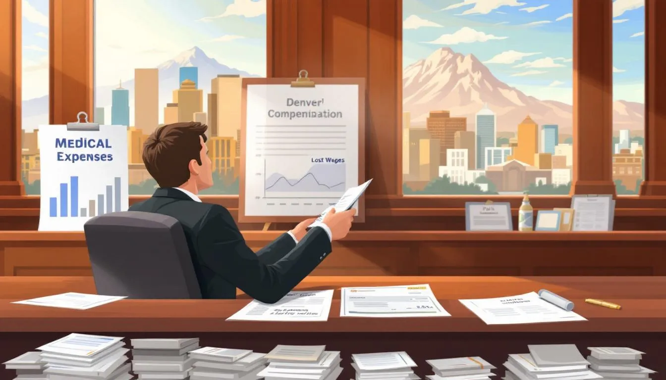In the foreground, three icons represent the main types of compensation for car accident victims: medical expenses, lost wages, and pain and suffering, set against a backdrop of Denver's skyline. The image emphasizes the importance of seeking fair compensation through experienced Denver car accident attorneys.