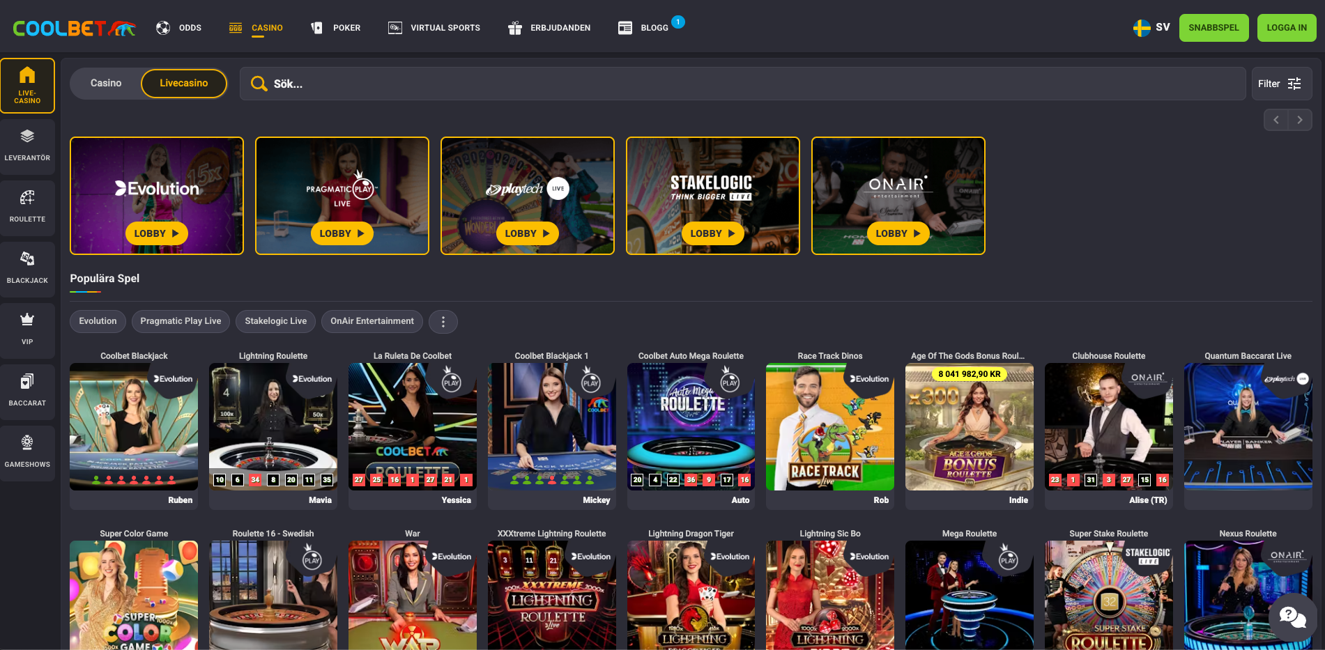 coolbet live casino utbud