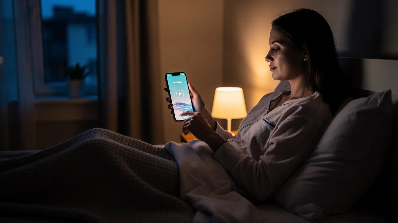 A person is sitting in a dimly lit room, using a meditation app on their smartphone to help improve sleep quality before bed. The atmosphere is calm, suggesting a focus on relaxation techniques to manage stress and anxiety related to sleep problems.