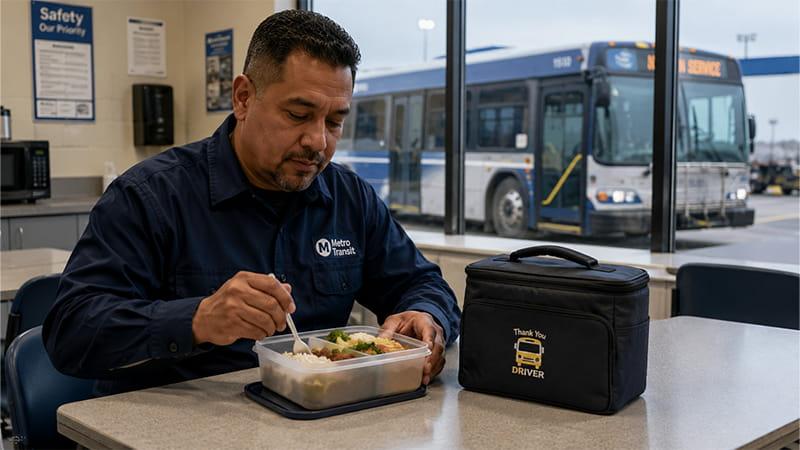Bus driver using a personalized insulated lunch box during a break at the bus depot