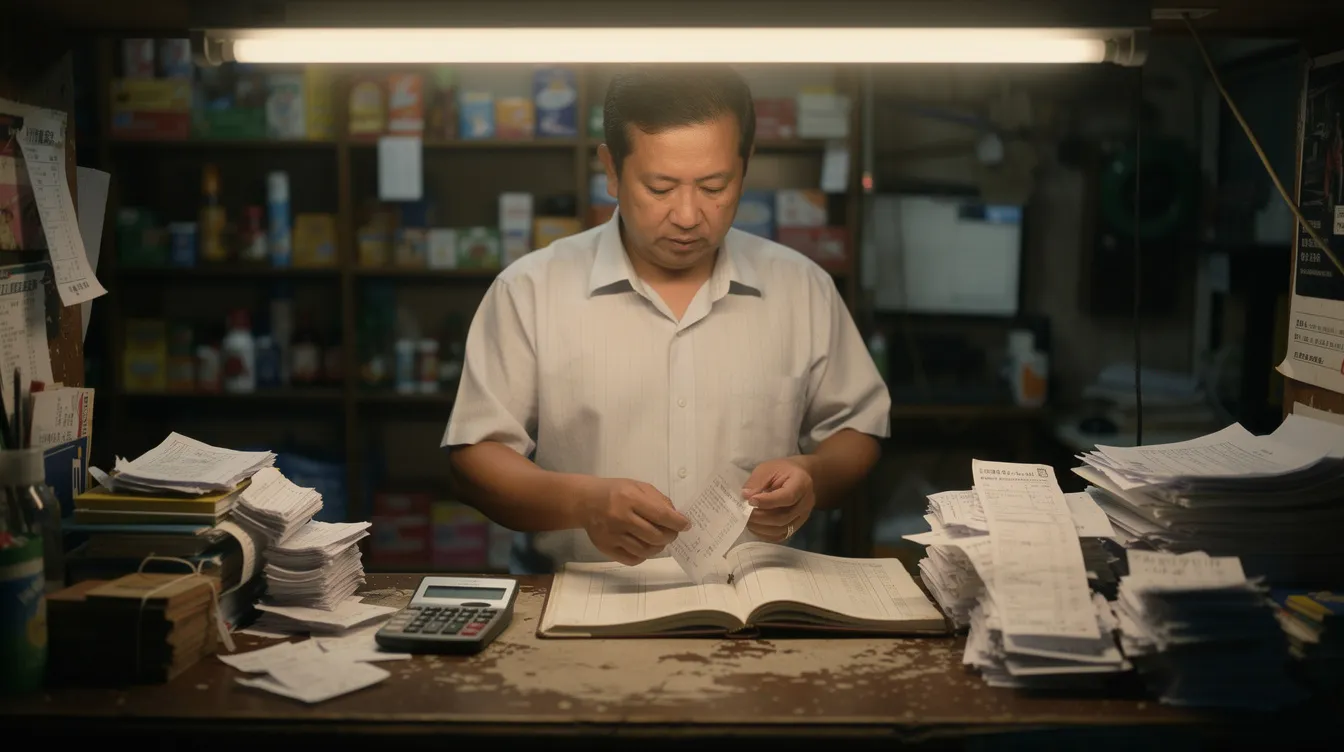 68cdcb6b cf25 419d 8bfb 218fa926ec92 A small shop owner is seen at the store counter, carefully organizing receipts and paperwork, including bank statements and loan documents. This meticulous arrangement is crucial for managing their business finances and preparing for potential loan applications, such as a Mudra loan, to support their small business.