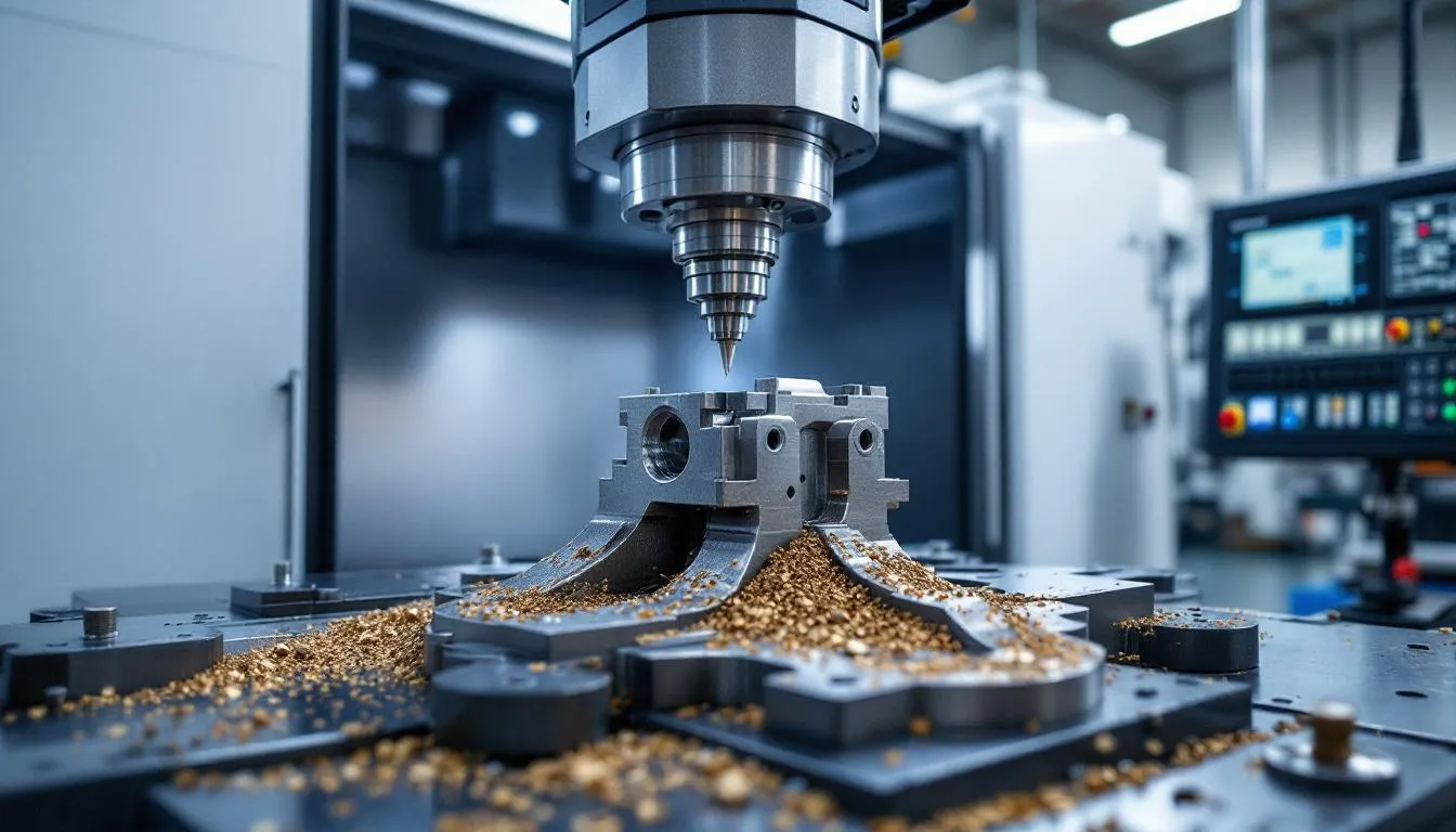 A modern five axis CNC machine is actively machining a complex part, showcasing its advanced capabilities with multiple setups. The machine utilizes rotary axes and linear axes to achieve intricate shapes and high precision in producing components like turbine blades.