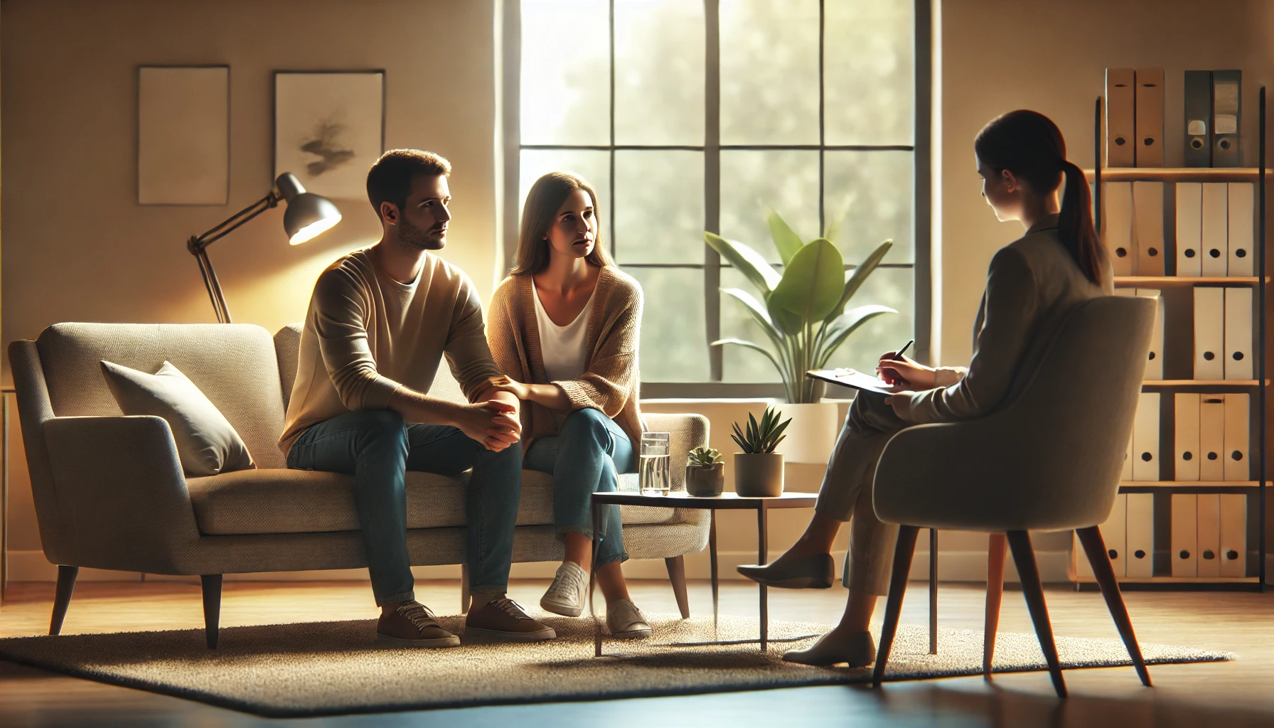 A couple sitting on a couch in a therapist's office