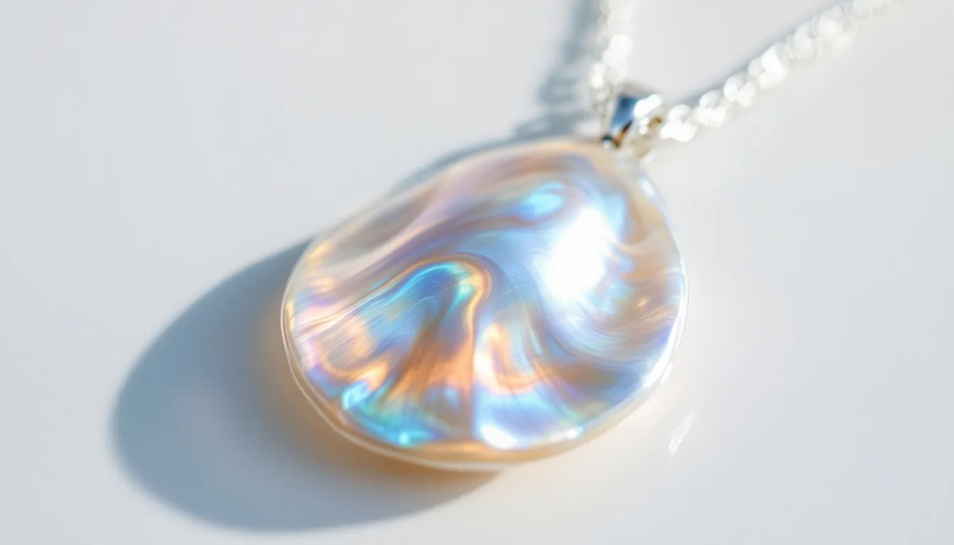 A beautiful mother of pearl necklace featuring intricate designs and a unique luster, showcasing the iridescent substance formed from successive layers of nacre produced by mollusks. This fine jewelry piece serves as a stunning personal accessory, reflecting the long history and beauty of pearl jewelry across many cultures.