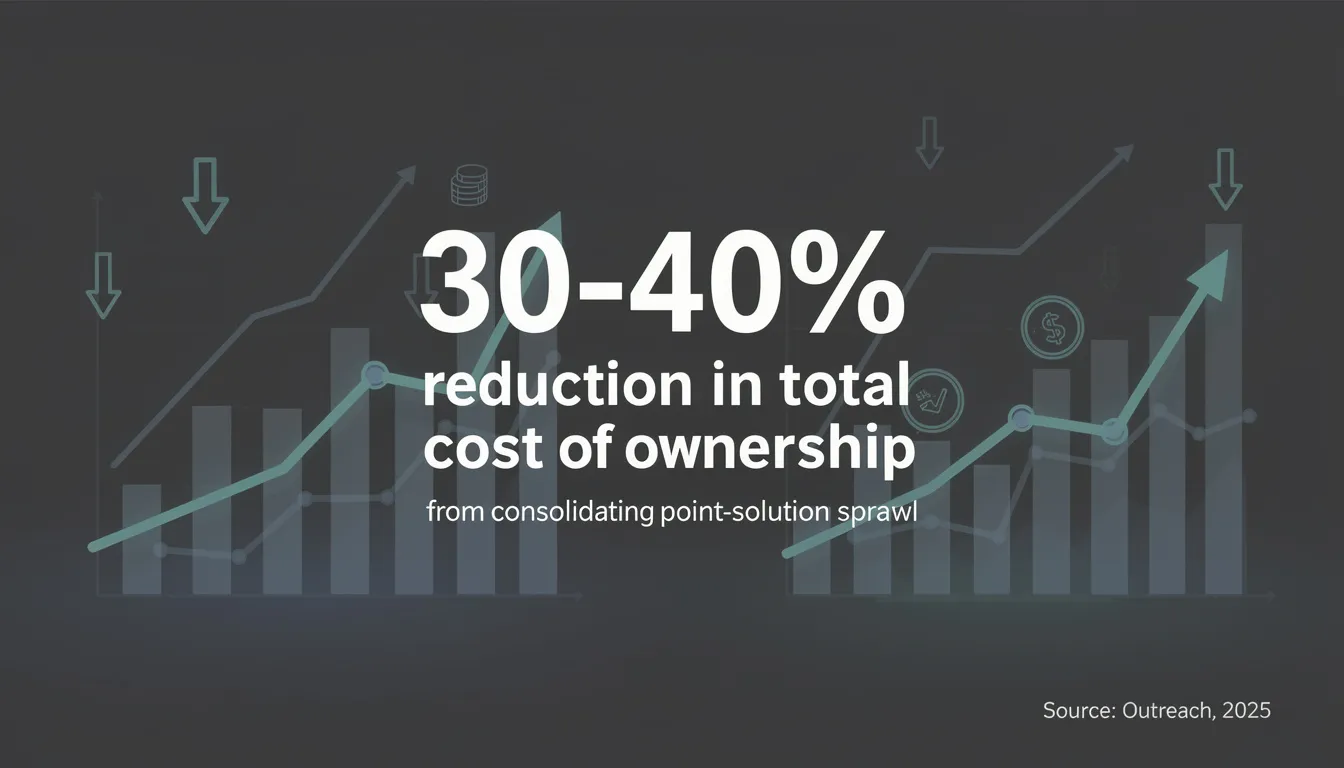 The image illustrates a significant cost savings of 30–40% in total cost of ownership achieved by ecommerce businesses through the consolidation of point-solution sprawl, enhancing customer satisfaction and improving operational efficiency. This strategy addresses issues like incomplete or incorrect orders by streamlining the fulfillment process and reducing shipping costs through order consolidation.