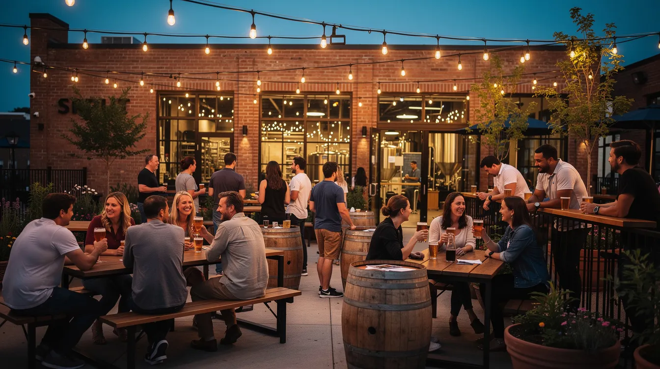 The image depicts a lively outdoor craft brewery patio in San Diego, where groups of people are socializing under warm string lights at dusk, creating a vibrant atmosphere perfect for meeting singles and enjoying the dating scene. The relaxed setting invites conversation and connection, making it an ideal spot for a fun evening out.