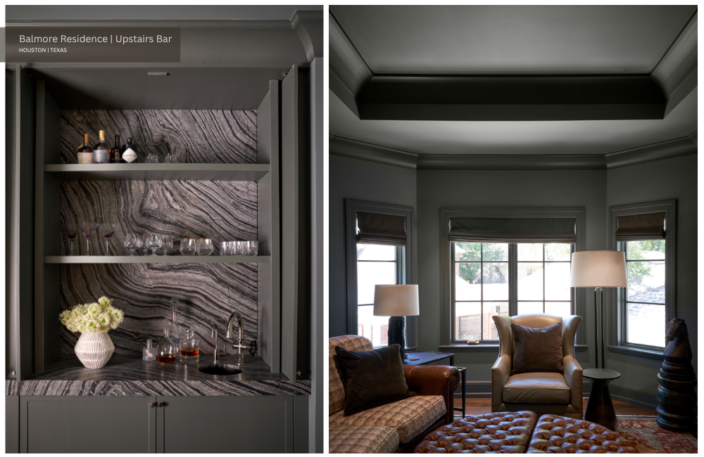 an upstairs bar with dark walls, custom cabinetry, and striated stone backsplash