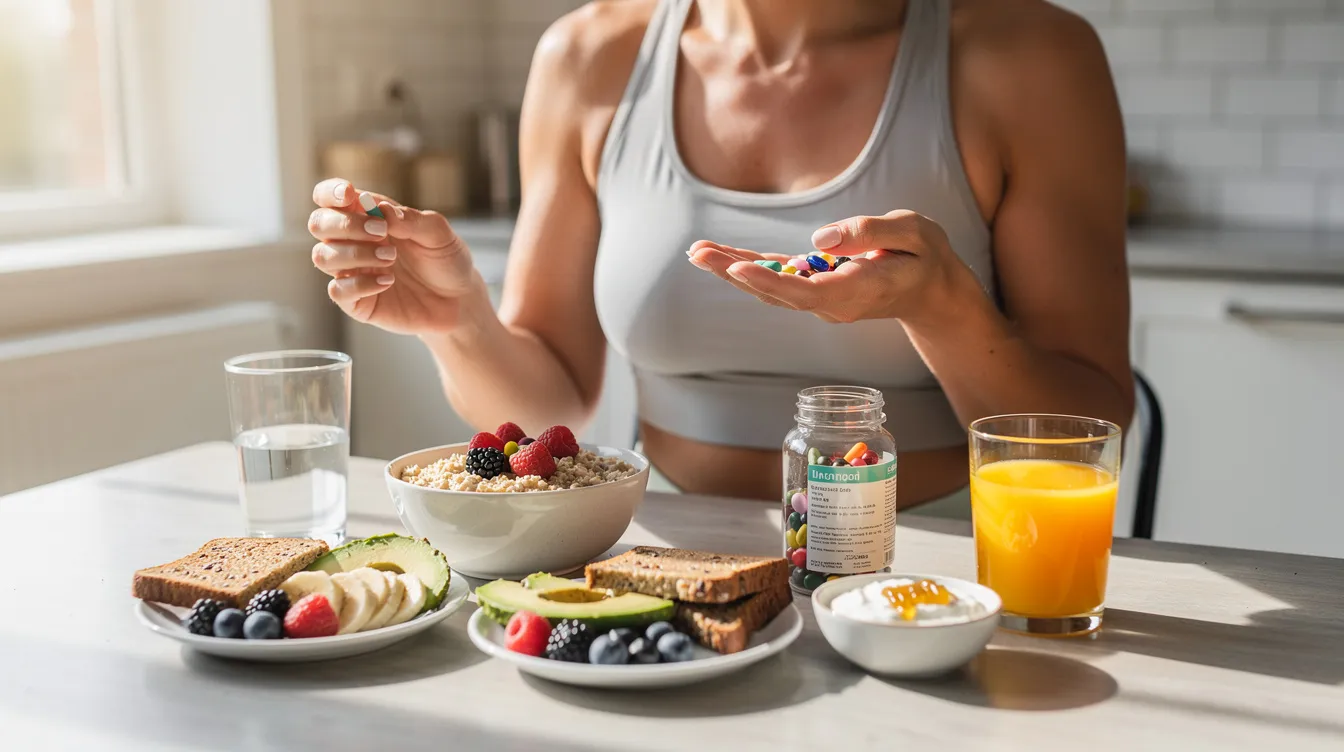 The image depicts a person enjoying a healthy breakfast meal while taking supplements that support methylation, including TMG and NMN. This scene emphasizes the importance of nutrition and supplementation in promoting cellular health and energy production.