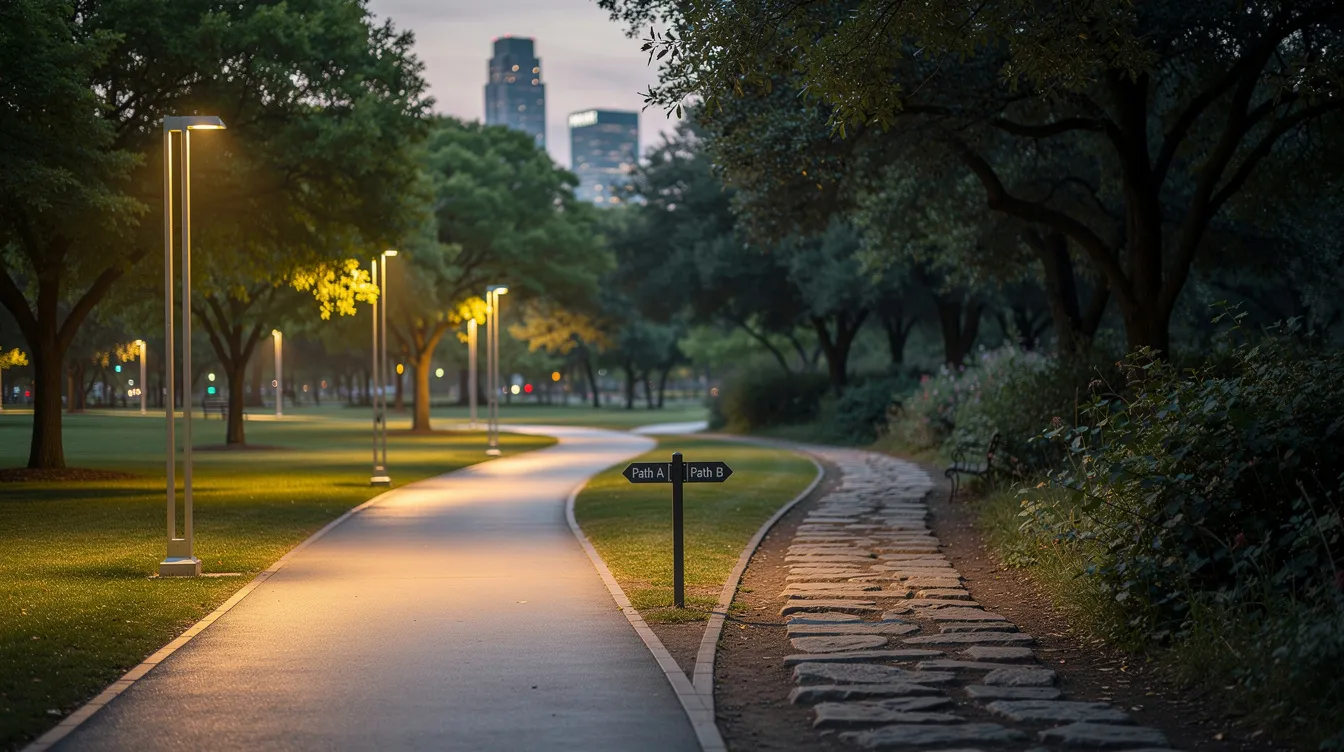 兩條分岔路徑的公園景象，一條路光線明亮且鋪設良好，象徵清晰的財務選擇，另一條路較暗且狹窄，代表財務決策中的潛在陷阱。此視覺隱喻強調了解二線清數及財務選擇對個人財務狀況的影響的重要性。