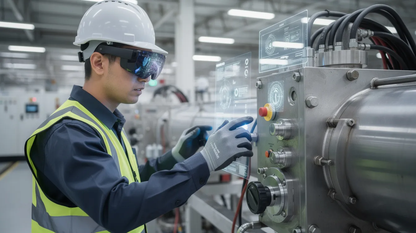 A manufacturing worker wearing a mixed reality headset examining industrial equipment