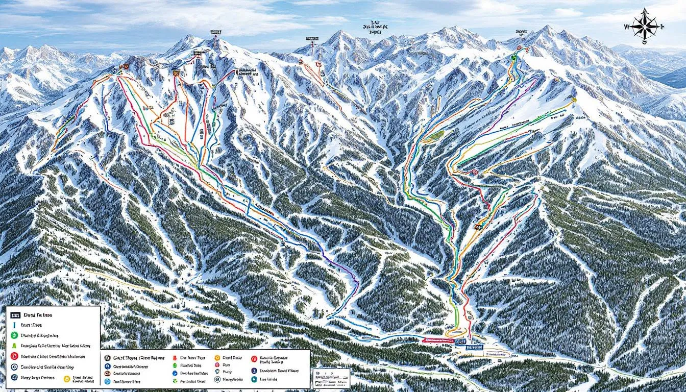 A detailed trail map displays all 71 ski runs across Giant Steps and Navajo mountains at the Brian Head Ski Resort in Utah, highlighting various skill levels and connecting routes for winter activities. The map features marked trails, chairlift locations, and the two central base lodges, providing a comprehensive overview of this family-friendly ski area.
