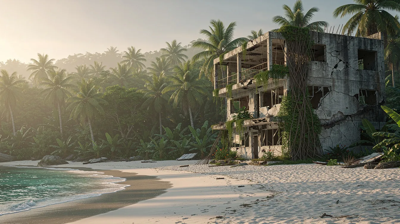 Das Bild zeigt einen tropischen Strand mit türkisblauem Wasser, umgeben von dichter Dschungelvegetation. Im Hintergrund ist ein verfallenes Betongebäude zu sehen, das teilweise von Pflanzen überwuchert ist, was an die Abenteuer und geheimen Missionen aus der James-Bond-Reihe erinnert.