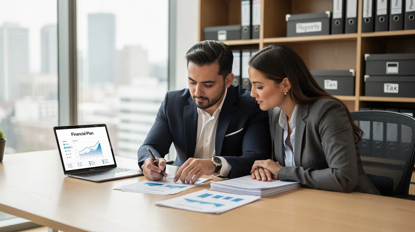 The image depicts a professional advisor and a client engaged in a discussion while reviewing financial documents, likely related to a 二線 清 數 plan or a 結餘 轉 戶 貸款 application. The advisor appears to be providing guidance on the client's financial situation, emphasizing options for debt restructuring and repayment terms.