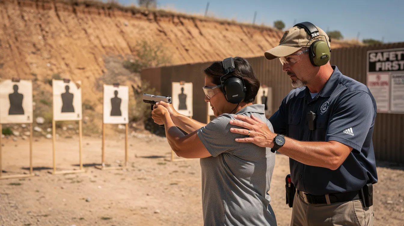 An instructor oversees a group of individuals practicing safe handgun use at an outdoor shooting range in South Dakota. The scene emphasizes the importance of responsible firearm handling and adherence to state gun laws, particularly for concealed carry permit holders.