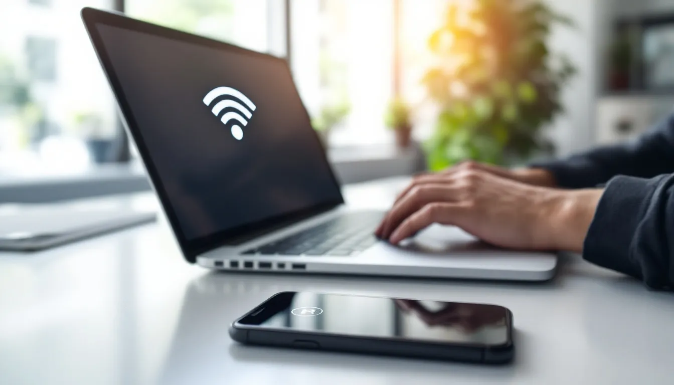 A person is sitting at a table using a laptop connected to WiFi, while their smartphone displays a "no service" signal, indicating potential service issues that may affect Verizon customers. The scene highlights the reliance on wireless service for connectivity, especially during outages that can disrupt phone and internet access.