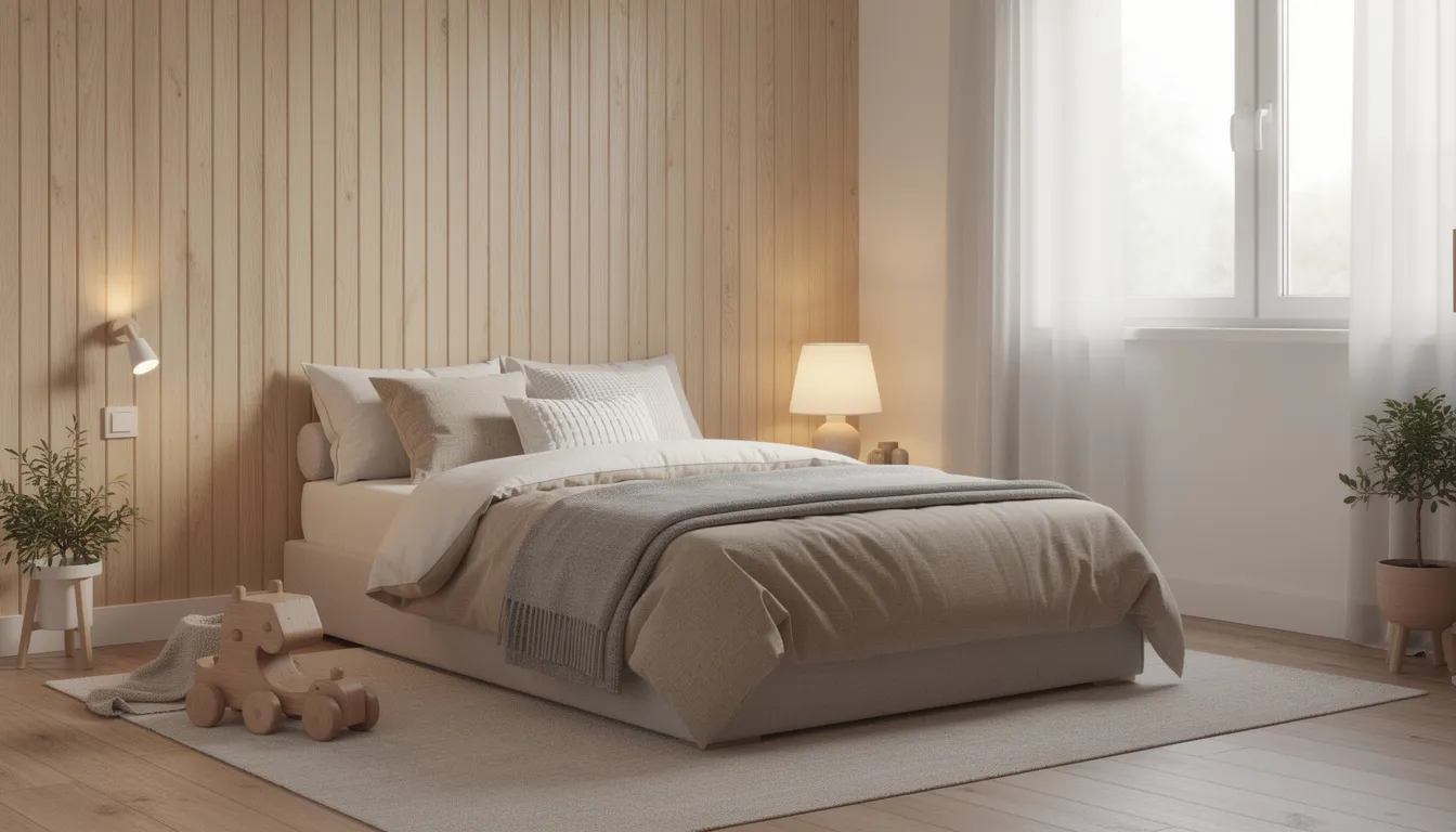 Een gezellige kinderkamer met houten wandpanelen, waar een comfortabel bed staat omringd door zachte verlichting en neutrale kleuren. De ruimte straalt een veilige en warme sfeer uit, perfect voor kinderen om zich helemaal thuis te voelen.