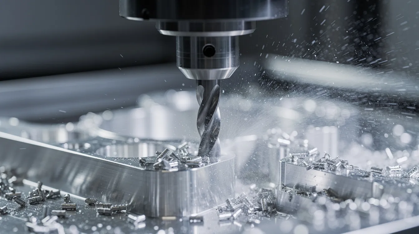 A close-up view of a CNC milling machine actively cutting an aluminum part, with a visible coolant spray enhancing the machining process. This highly precise machine is essential in prototype development and is commonly used in prototype machine shops for producing functional prototypes with tight tolerances.