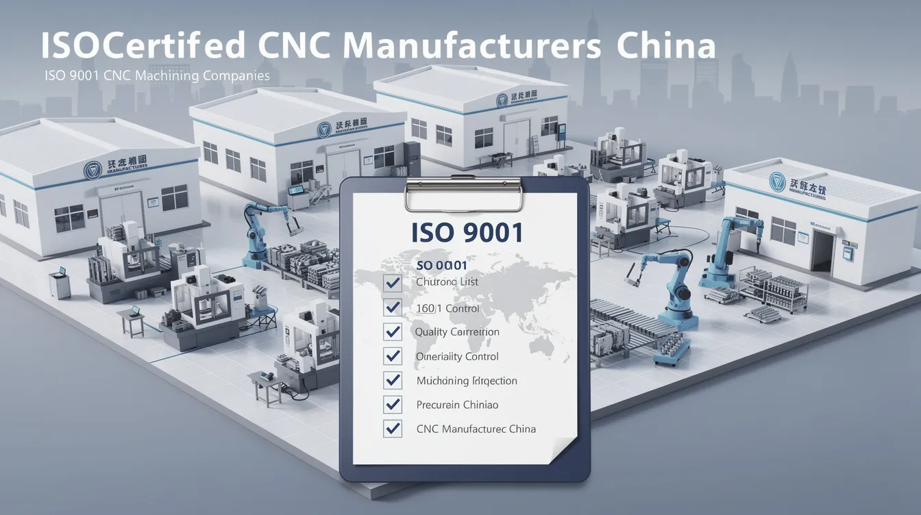 The image depicts a list of ISO certified CNC manufacturers in China, showcasing various companies that provide precision CNC machining services, including CNC milling and turning. It highlights the advanced CNC machines and skilled engineers involved in producing high precision machined parts for diverse industries such as automotive and medical devices.