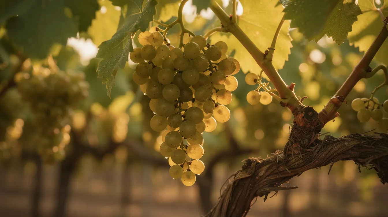 A close-up view of lush green and golden grape clusters hanging from vines, illuminated by soft warm light filtering through the leaves, captures the essence of Clarksburg wine country. This serene scene highlights the fertile soils and ideal conditions for growing award-winning wines, inviting visitors to savor the beauty of the vineyards along the Sacramento River.