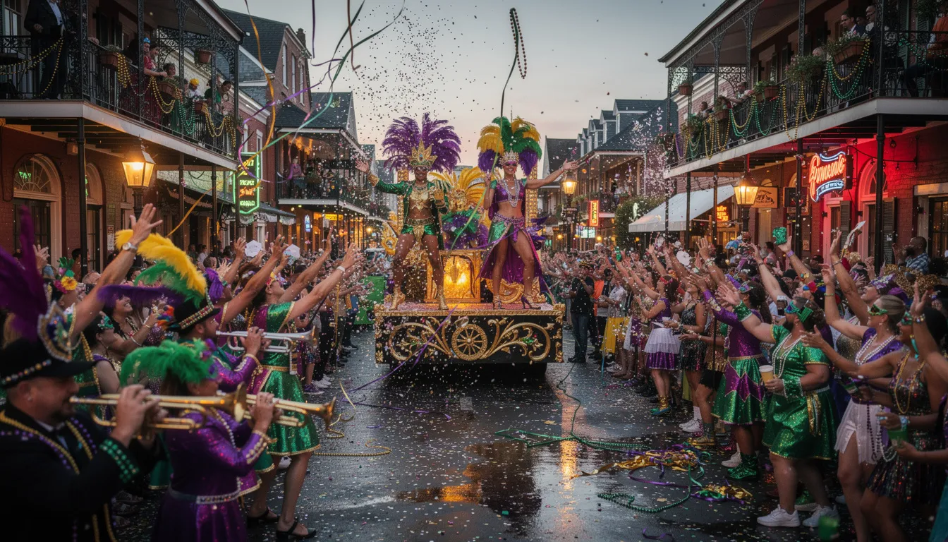 The image depicts a vibrant Mardi Gras parade in New Orleans, showcasing elaborate floats adorned with colorful decorations and parade-goers wearing festive costumes in purple, green, and gold. The lively atmosphere is filled with the sounds of music and cheers as participants celebrate Mardi Gras season, capturing the magic of this beloved Louisiana tradition.