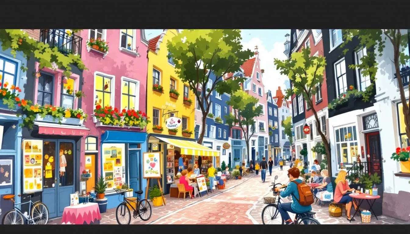 A picturesque view of a hidden gem neighborhood in Amsterdam with charming streets and art galleries.