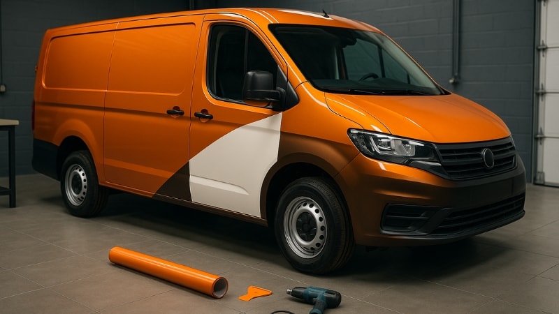 Removal of vinyl wrap from van inside a studio