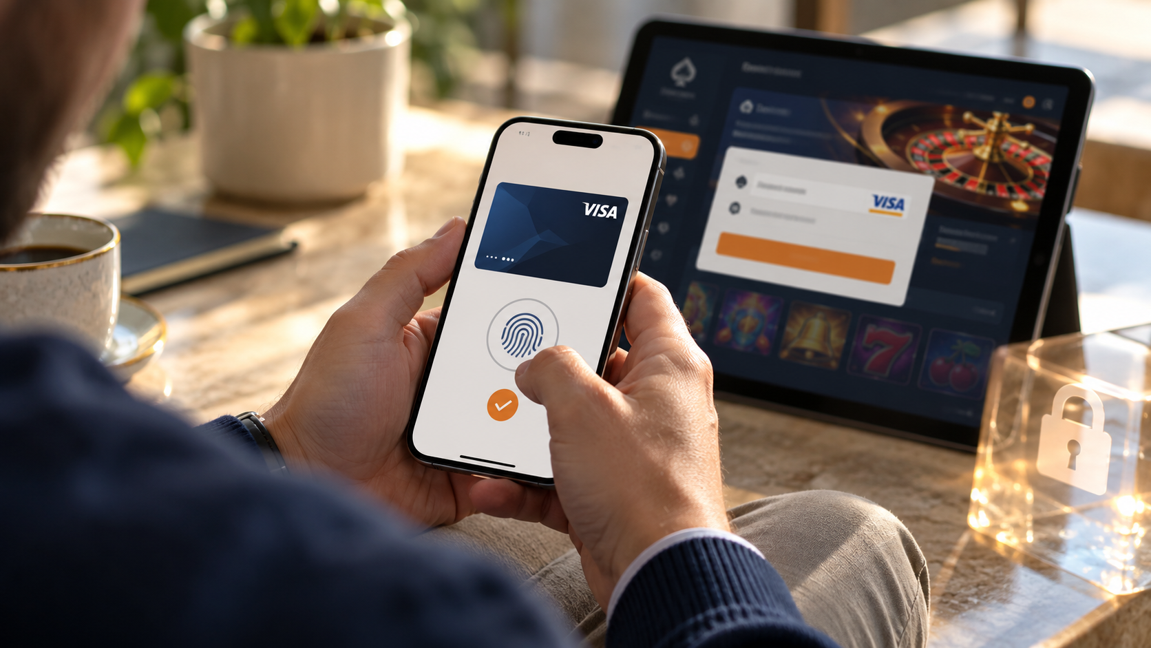 Persoon bevestigt een Visa-betaling met een vingerafdruk op de telefoon.