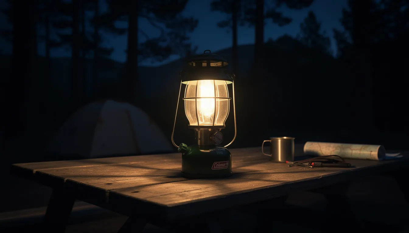 The image features a Coleman Northstar propane lantern glowing brightly in a dark campsite, illuminating the surrounding area with its super bright white light. This compact lantern is ideal for outdoor use, providing excellent light quality for car camping or midwest fishing trips.