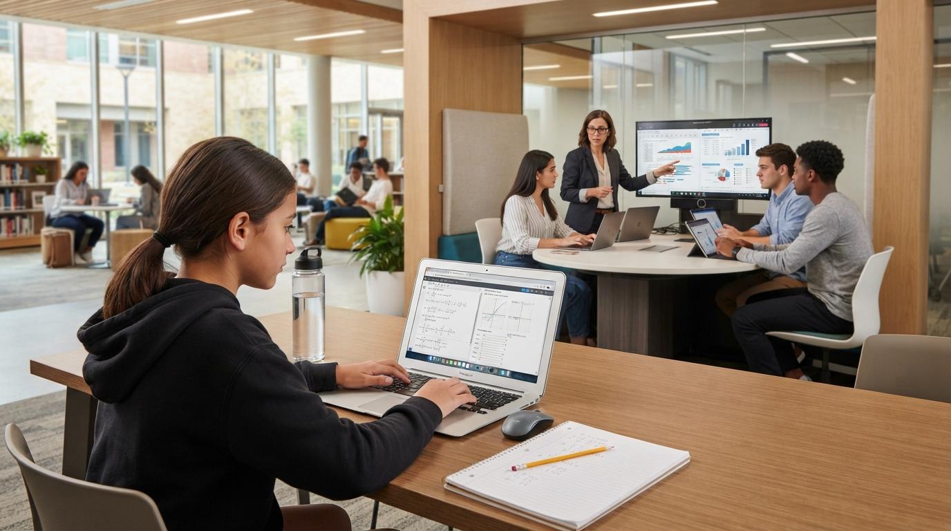 Photorealistic education scene with a K-12 student solving problems on a laptop independently and university students engaging in faculty-guided digital learning.
