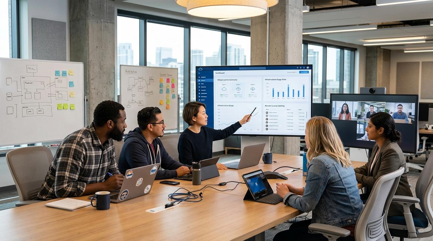 Modern IT team evaluating cloud-based training platforms with virtual labs, scalable cloud infrastructure, and remote learners in a collaborative workspace.