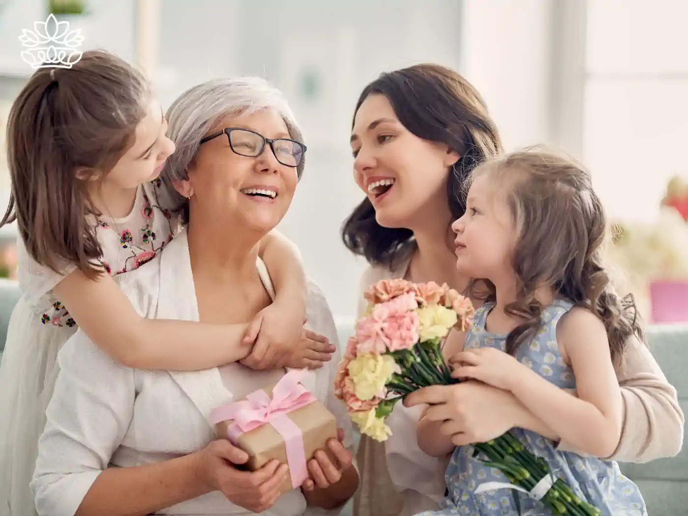 A multi-generational family celebrating Mother's Day with flowers and a gift. Fabulous Flowers and Gifts - Mother's Day Gift Boxes.