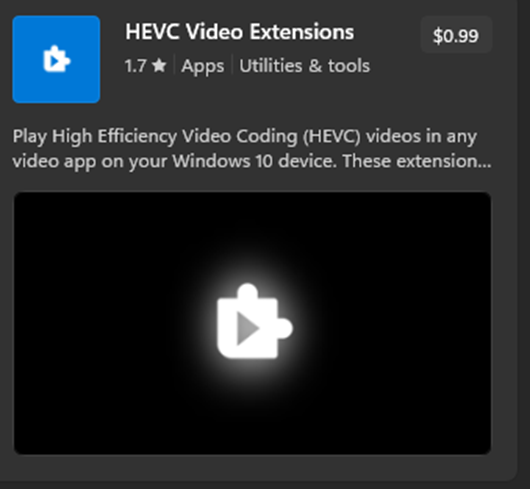 HEVC Video Extension app available in the store