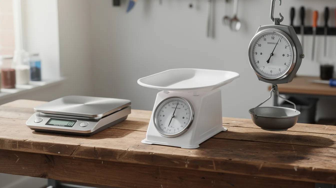 The image features an assortment of various weighing instruments, including a digital kitchen scale, a baby scale, and a hanging scale, all neatly arranged on a workbench. These devices are designed for precise measurements of mass and weight, making them suitable for different purposes, from portion control in cooking to assessing body composition metrics.