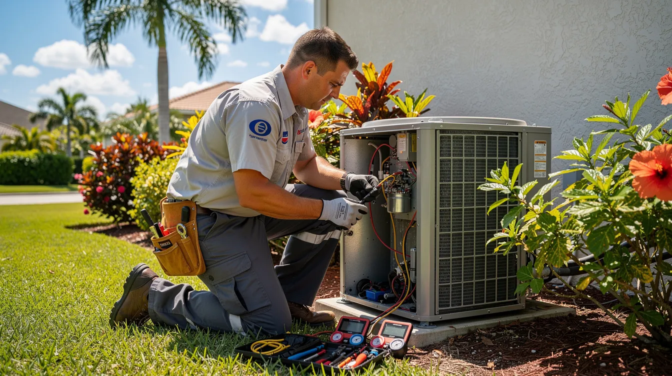 An HVAC technician is diligently repairing an outdoor AC unit under the bright Florida sunshine, surrounded by vibrant tropical landscaping. This scene highlights the importance of qualified leads for home service businesses, emphasizing the need for effective local SEO strategies to enhance their online visibility in competitive markets like South Florida.