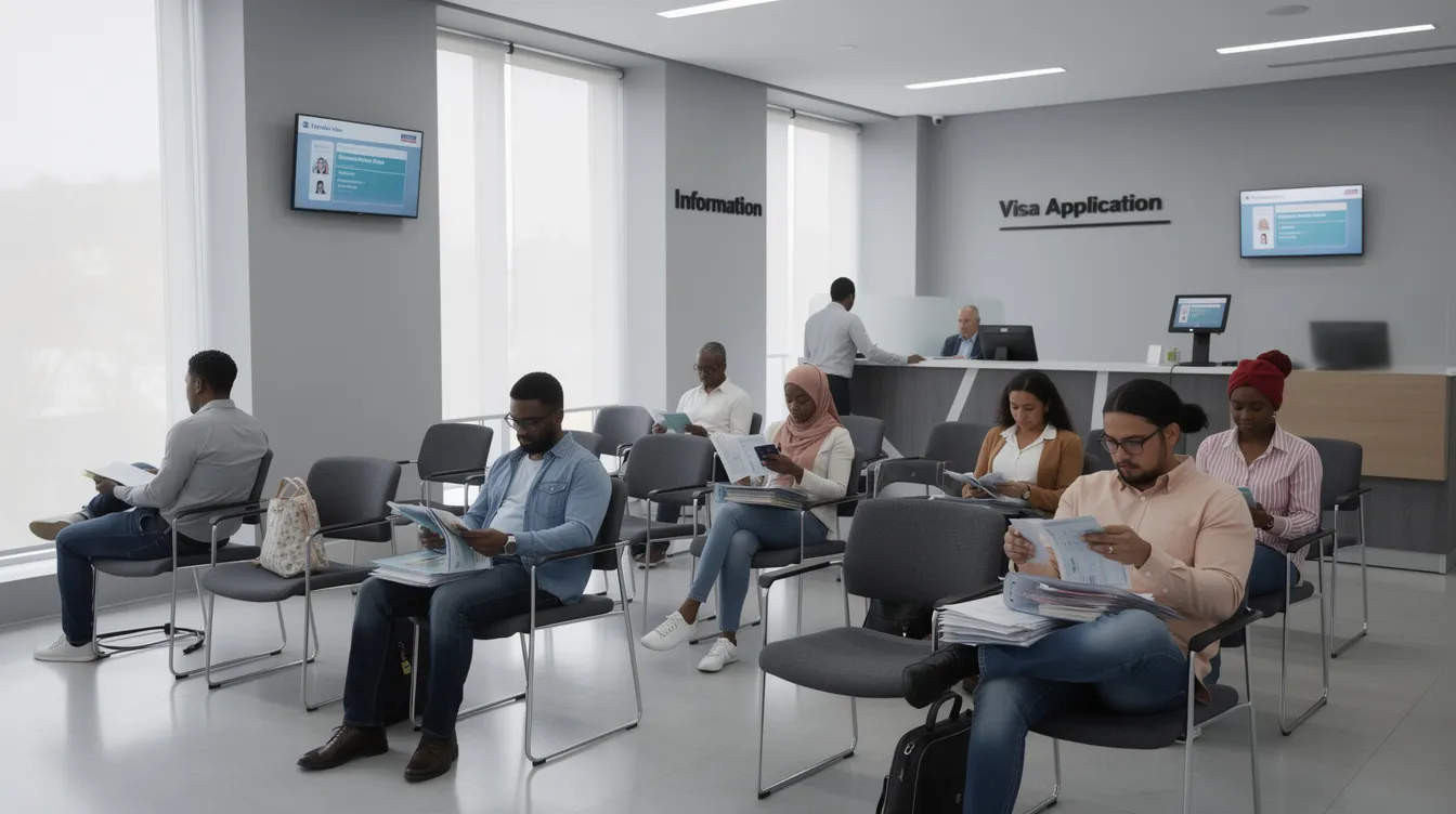The image shows a waiting area at a visa application center, where several applicants are seated in chairs, each holding document folders containing their schengen visa application forms and supporting documents. The atmosphere is one of anticipation as individuals prepare for their application process, potentially discussing their intended travel dates and required documents.