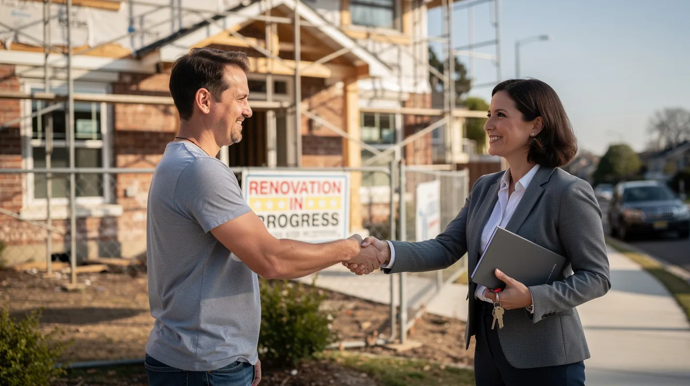 A person is shaking hands with a real estate agent outside a property undergoing renovation, with scaffolding visible around the building. This scene reflects the process of investing in real estate, which can involve options like a home equity loan or cash out refinance to leverage substantial home equity for future projects.