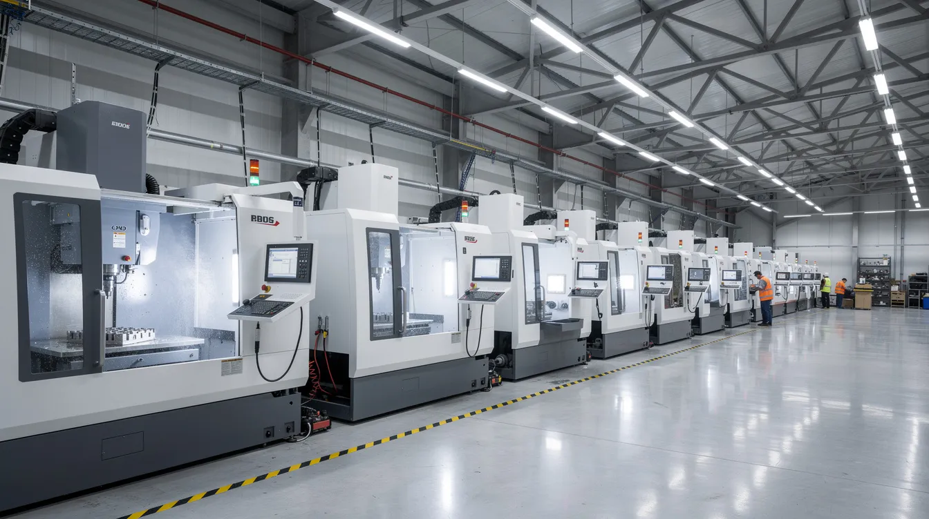 The image depicts a busy factory floor filled with rows of CNC machining centers, all operating efficiently under bright overhead lights. This scene highlights the advanced technology and precision machining services used in the manufacturing process, showcasing the capabilities of CNC machining companies to produce complex parts with exceptional precision.