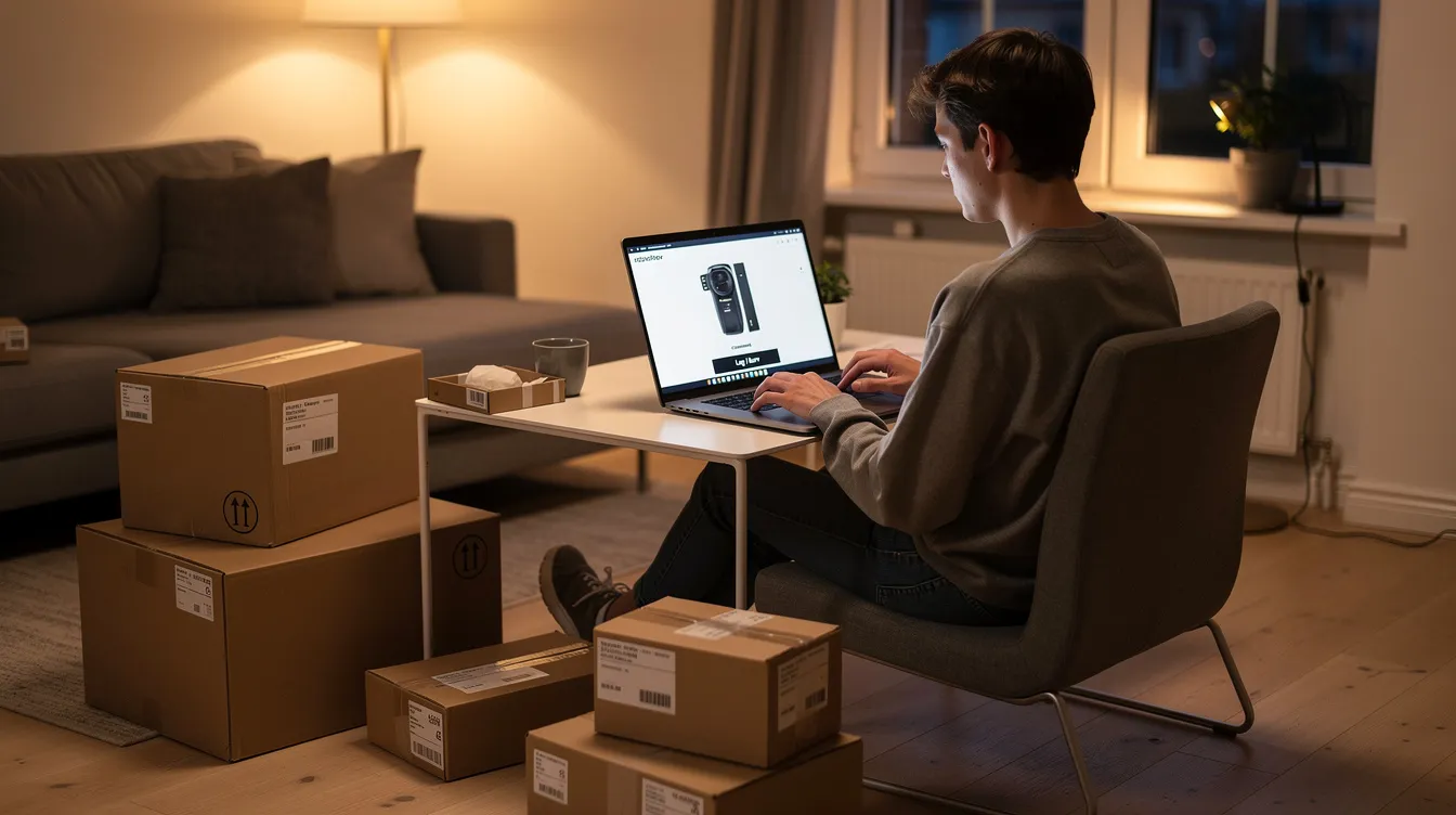 En person sidder ved en bærbar computer og handler online, omgivet af pakker og varer. Scenen viser en travl webshop-oplevelse, hvor kunden har mulighed for at vælge forskellige produkter og betalingsmetoder.