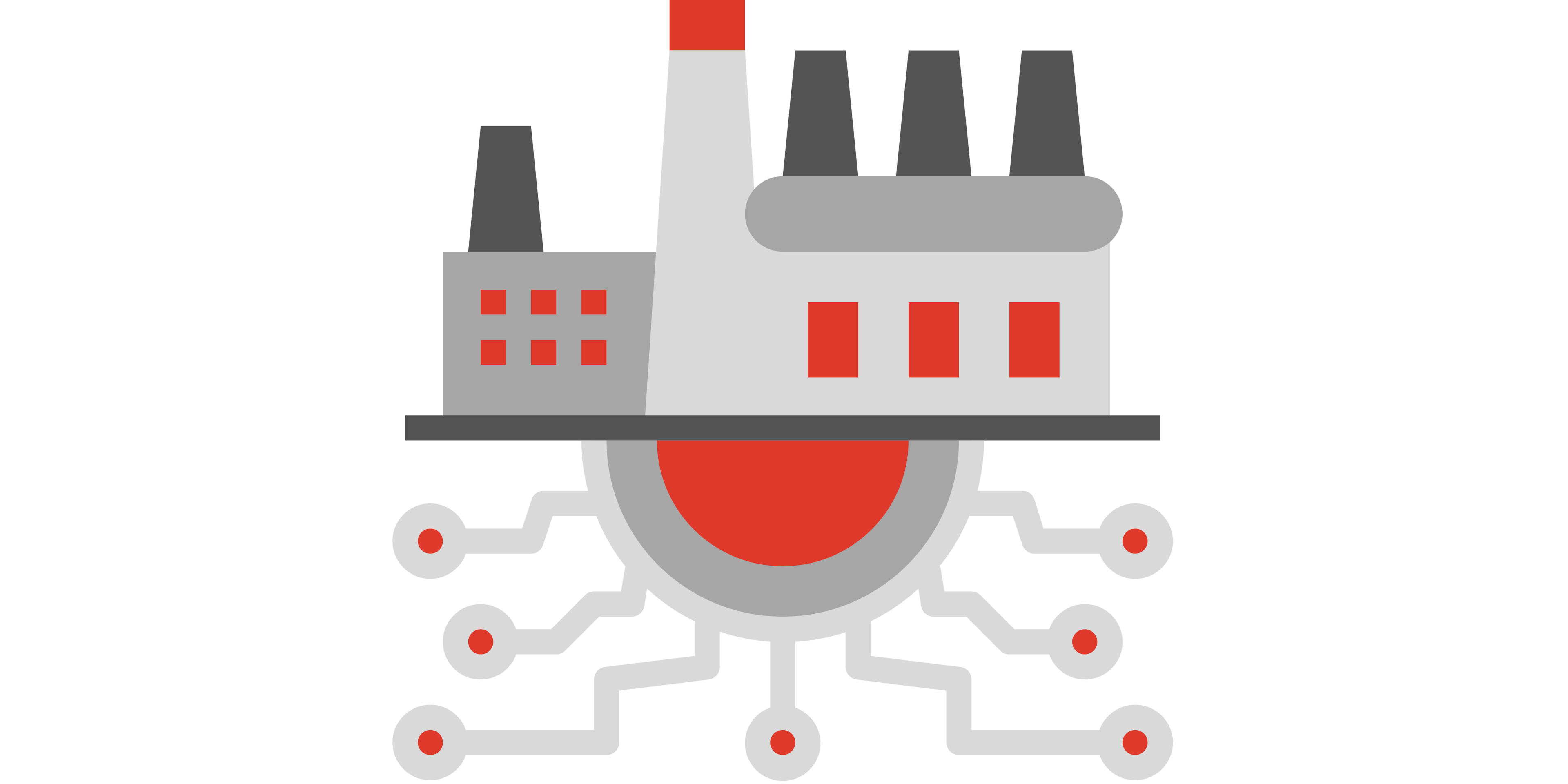 Graphic showing a factory that has transformed digitally and taking advantage of advanced technology and emerging technology.