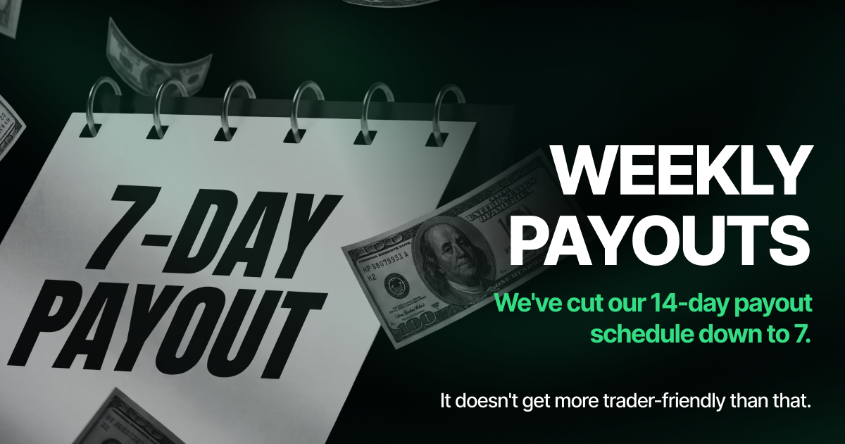 Spiral calendar reading "7-Day Payout" beside a flying hundred-dollar bill, announcing "Weekly Payouts" with the note that the 14-day payout schedule has been cut to 7 days