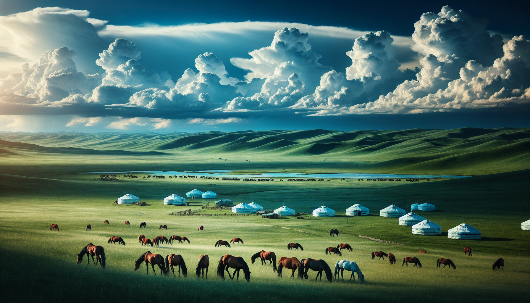 Scenic Mongolian landscape with grazing horses