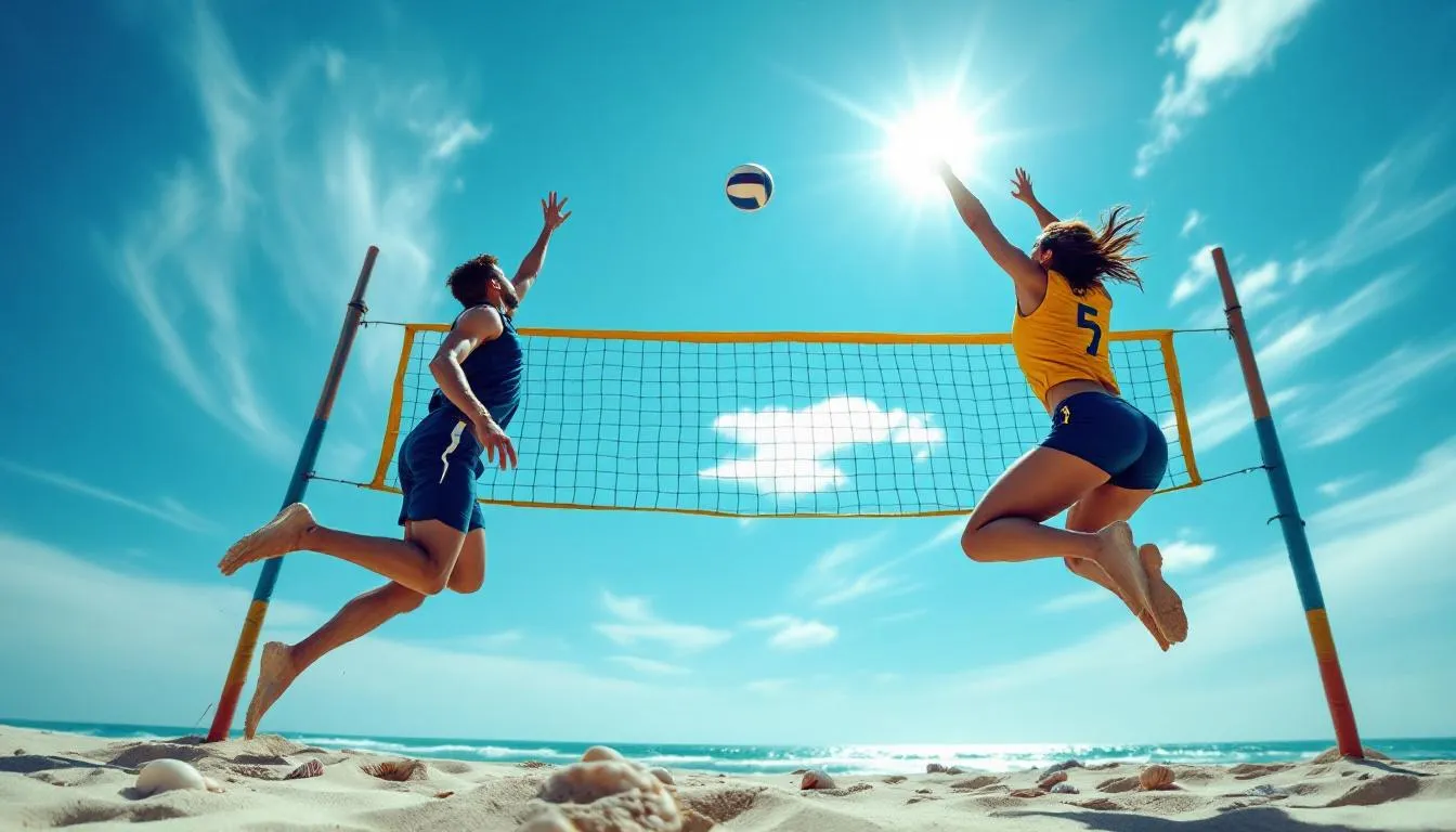 A lively beach volleyball court is bustling with players jumping to hit the ball under bright sunny skies, capturing the vibrant energy of a beach event. The sandy setting adds to the fun atmosphere, making it an ideal location for a beach party with friends and family.