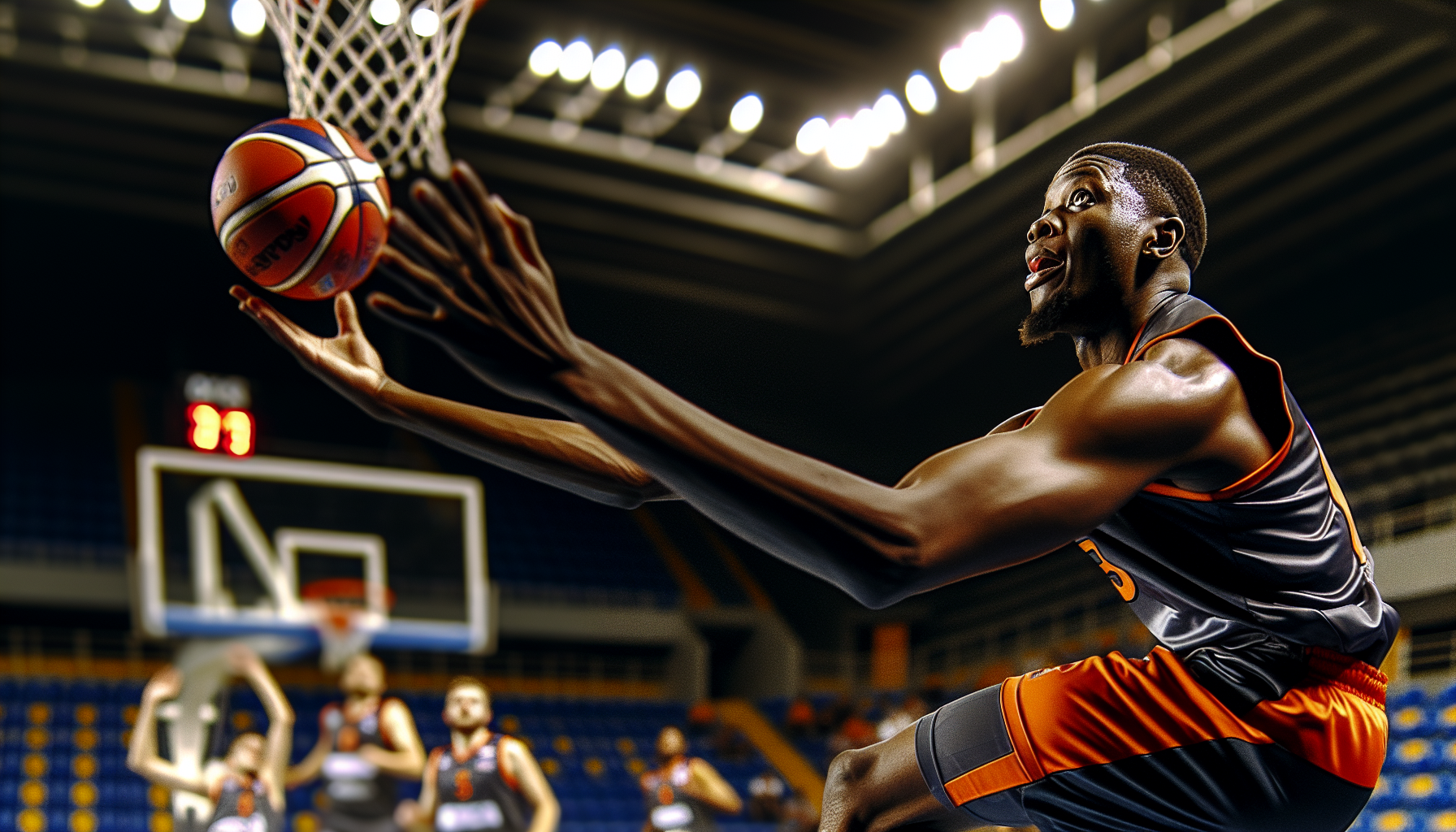 A basketball player executing a layup in a professional game