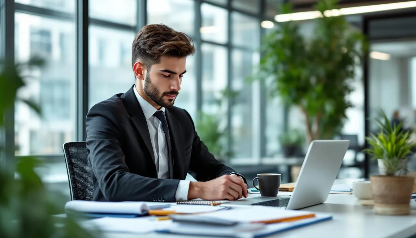 . A focused entrepreneur sits at a desk, surrounded by documents and a laptop, as they plan their business and outline their geschäftsidee. The scene reflects the essential schritte and überlegungen needed for eine erfolgreiche existenzgründung.