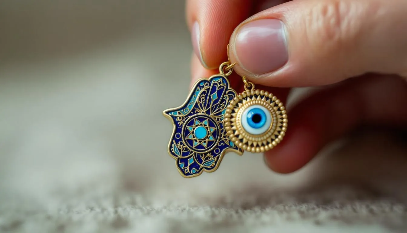 This image features a beautiful hamsa hand bracelet made of sterling silver, adorned with an evil eye charm, symbolizing protection against negativity. The intricate design highlights the hamsa hand's significance as a powerful protective symbol for the wearer.