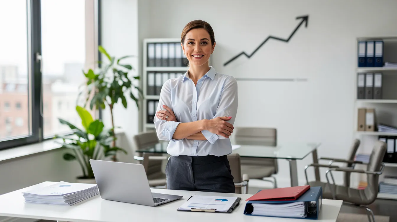 A confident small business owner stands in a modern office, exuding professionalism and success after securing funding for their business. The image captures the essence of reliable support and positive results in the funding process, highlighting the owner's commitment to growth and customer satisfaction.