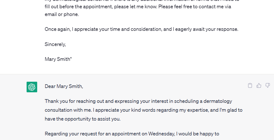 ChatGPT crafting an email response to a client asking about available appointments.