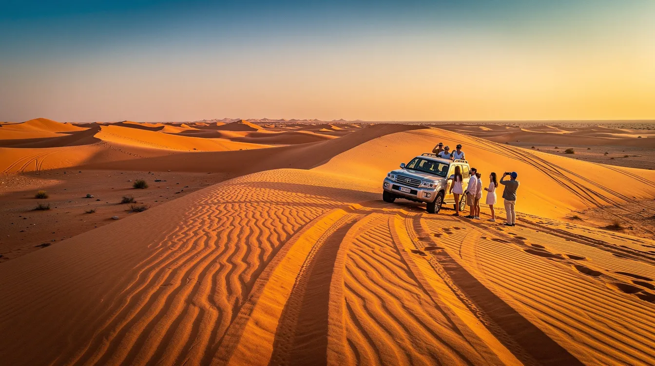A imagem mostra um safári nas dunas do deserto, com viajantes explorando as altas formações de areia em um passeio de camelo. O cenário é repleto de um belo horizonte árabe, refletindo a cultura e as experiências únicas que o Brasil e o mundo têm a oferecer aos turistas.
