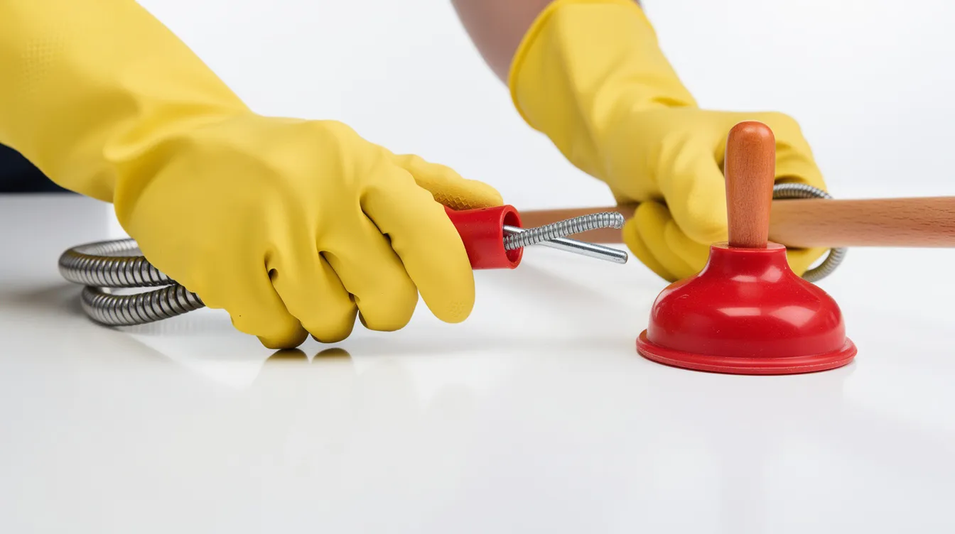 A close-up view of hands wearing rubber gloves holds a drain snake and a cup plunger on a clean surface, tools commonly used for unclogging drains and maintaining plumbing systems. The image emphasizes the importance of proper maintenance to prevent clogged drains and clear blockages effectively.
